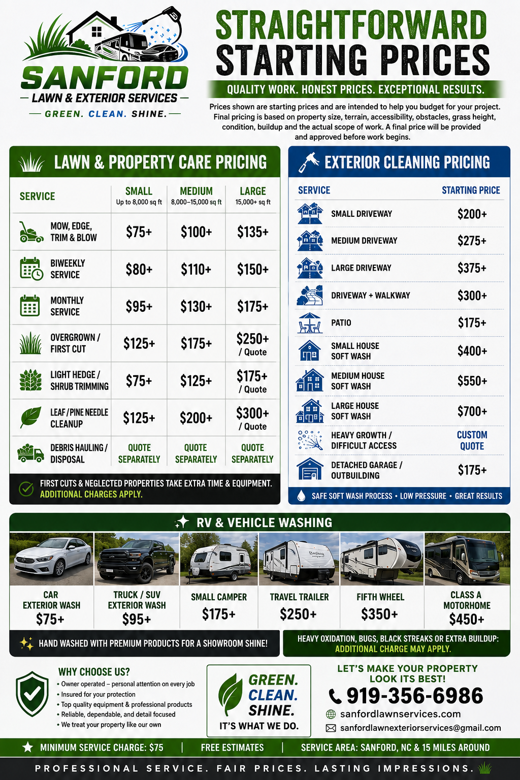 Sanford Lawn and Exterior Services straightforward starting prices for lawn care, exterior cleaning, RV washing, and vehicle washing