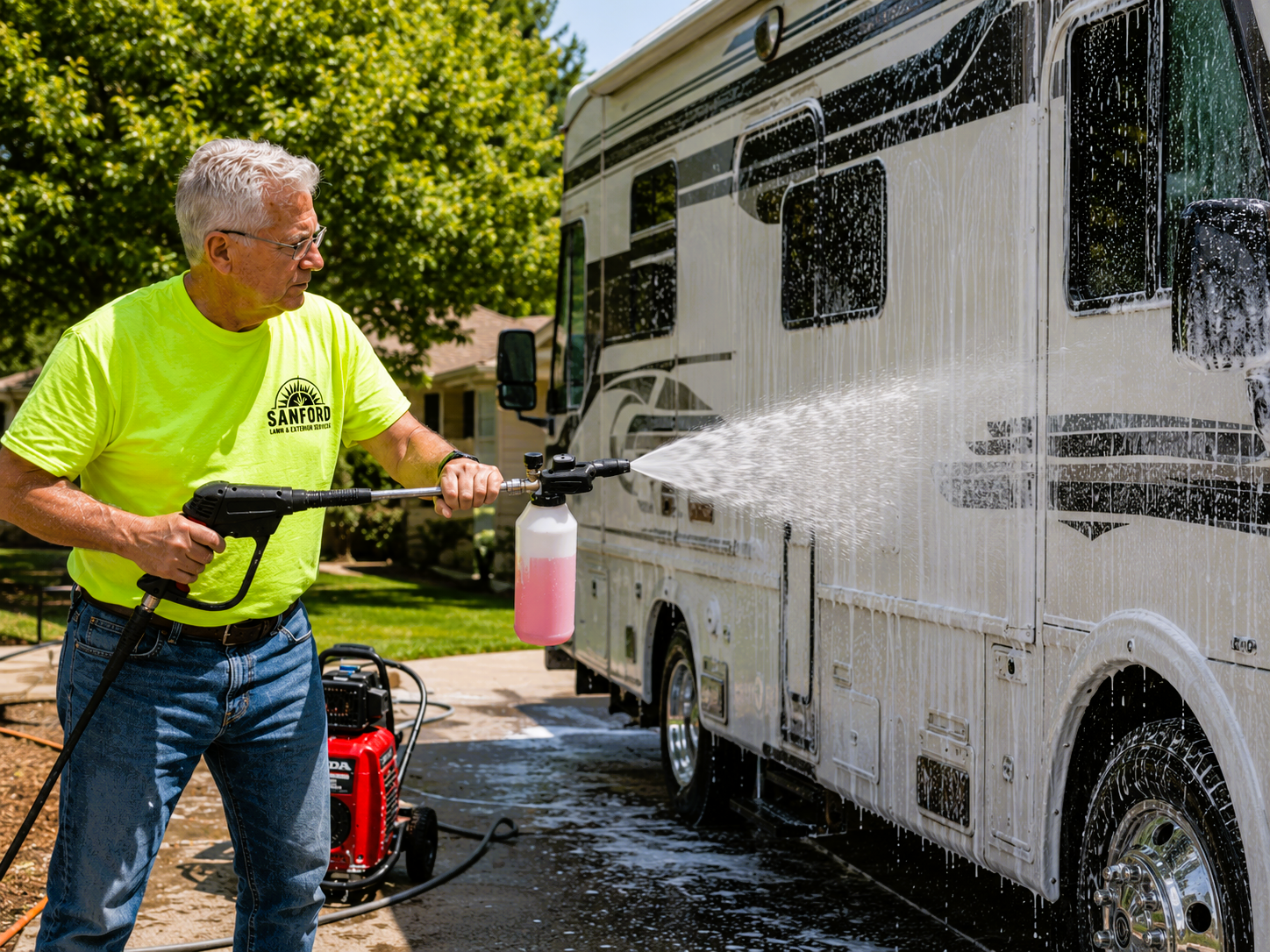 RV exterior cleaning with foam cannon and pressure washer