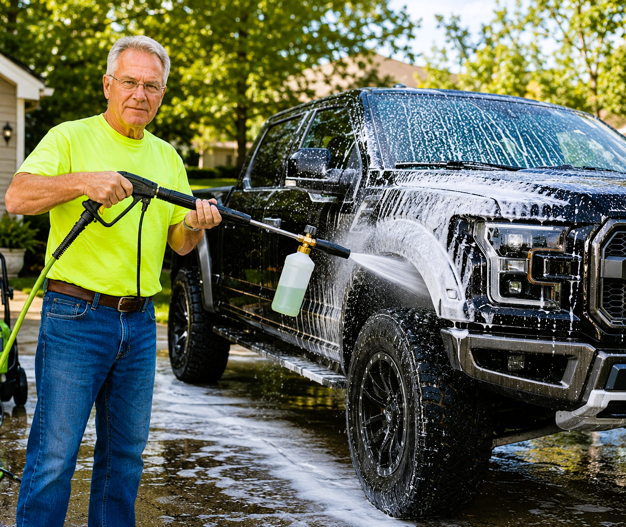 Truck exterior washing with foam cannon and pressure washer